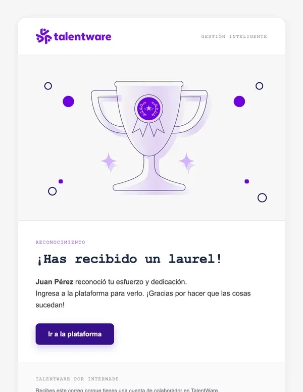 Correo de TalentWare notificando un laurel recibido de un compañero.