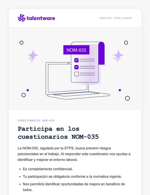 Correo de TalentWare recordando el cierre del cuestionario de la NOM-035.